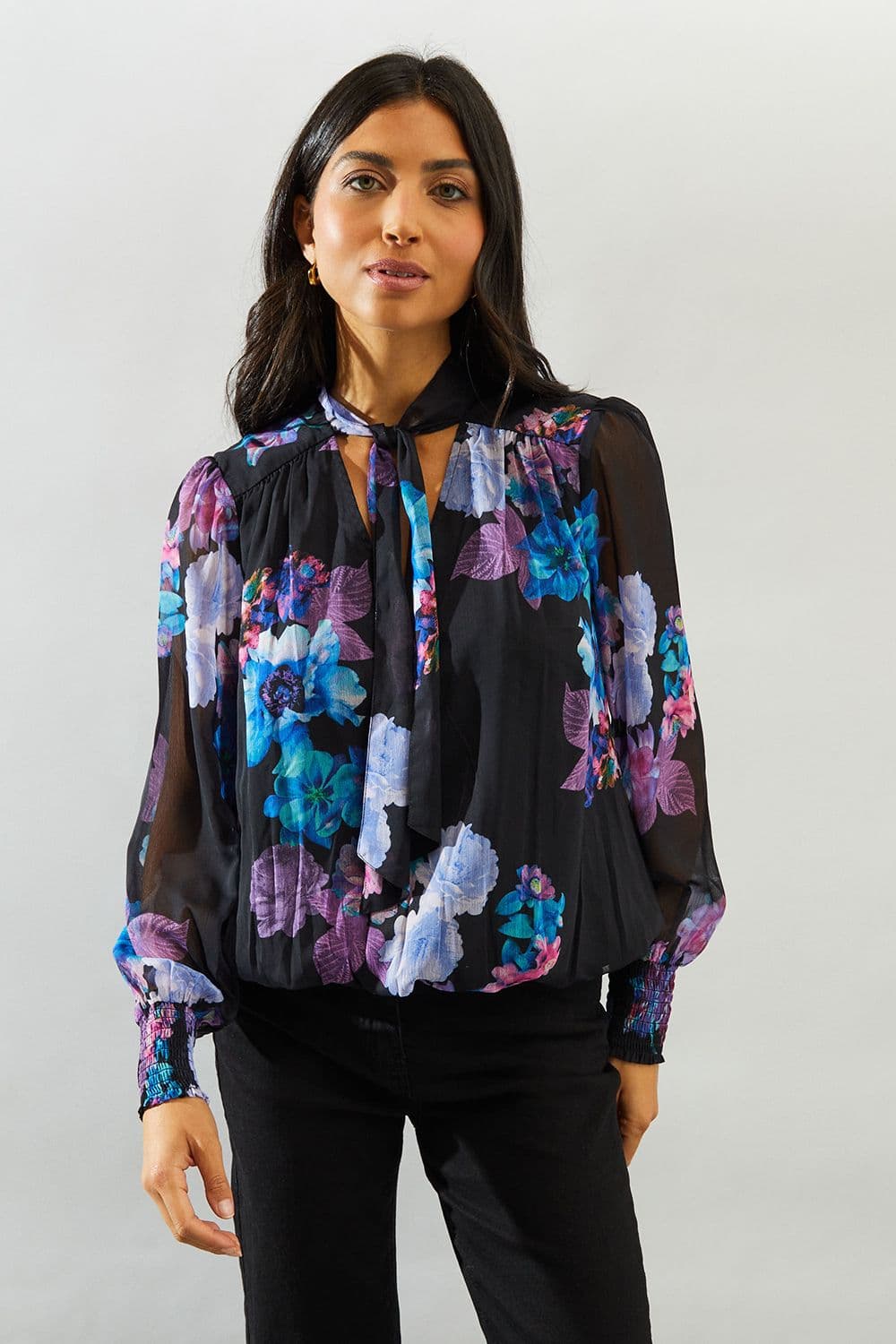 Bold Floral Print Shirred Hem Tie Neck Top