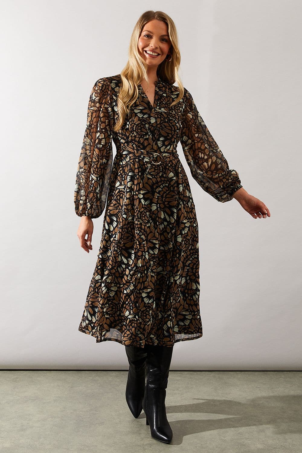 Abstract Print Belt Detail Midi Dress