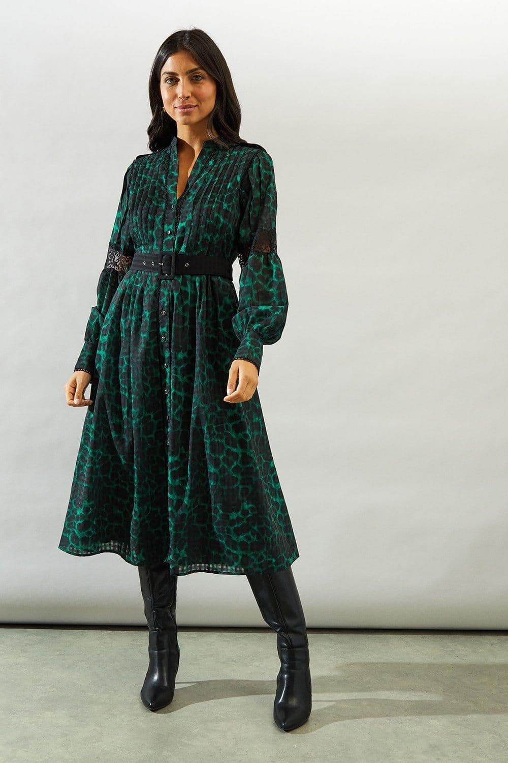 Animal Print Belted Shirt Midi Dress