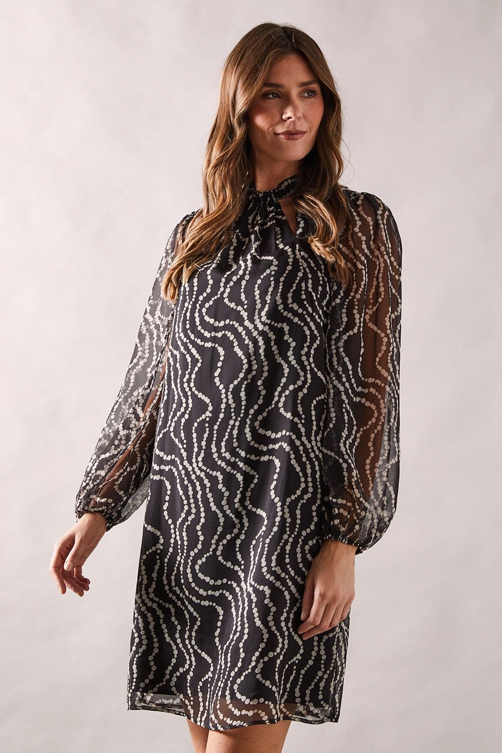 Spot Ruffle Neck Shift Dress