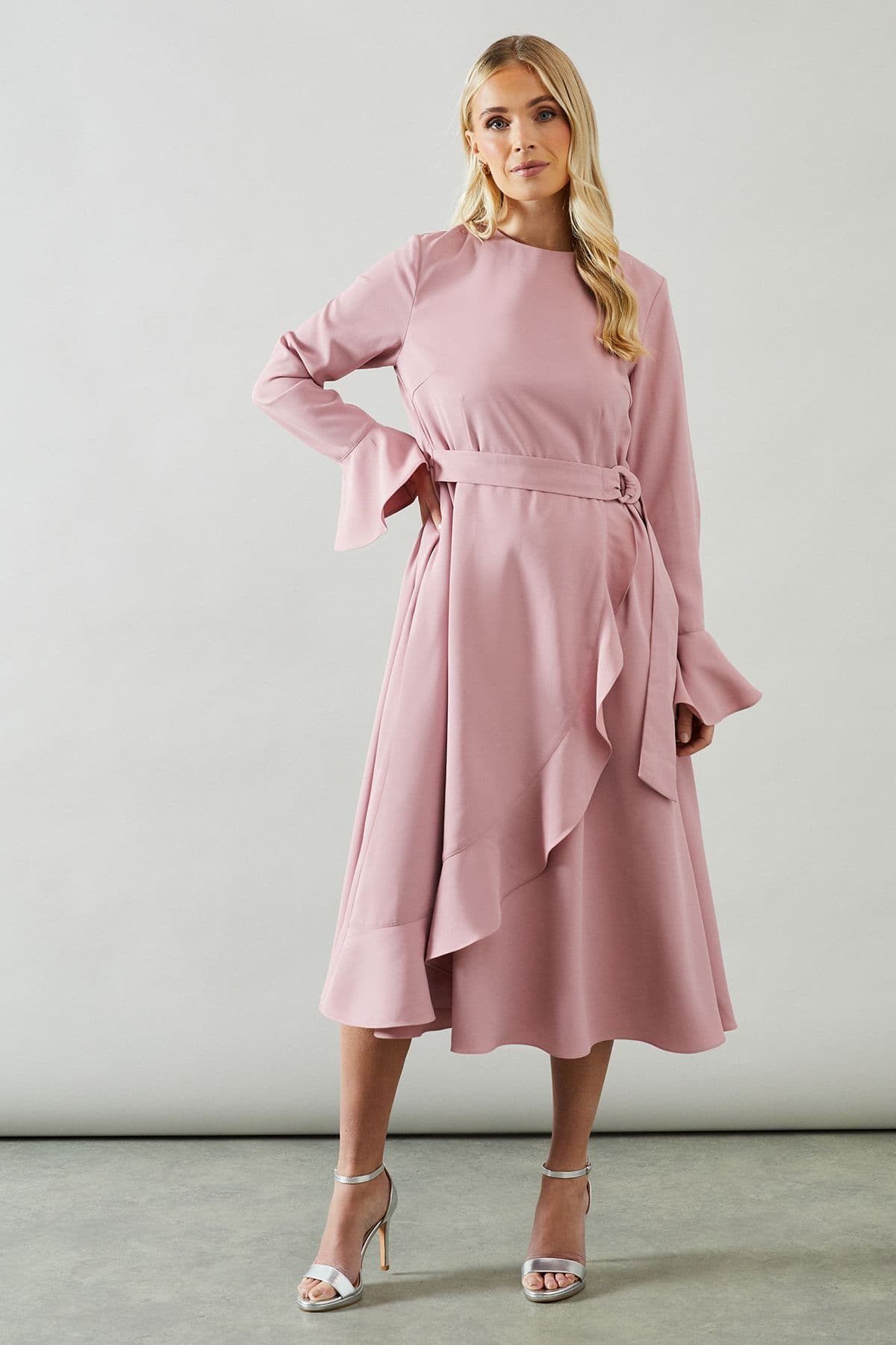 Petite Ruffle Front Belted Midi Dress