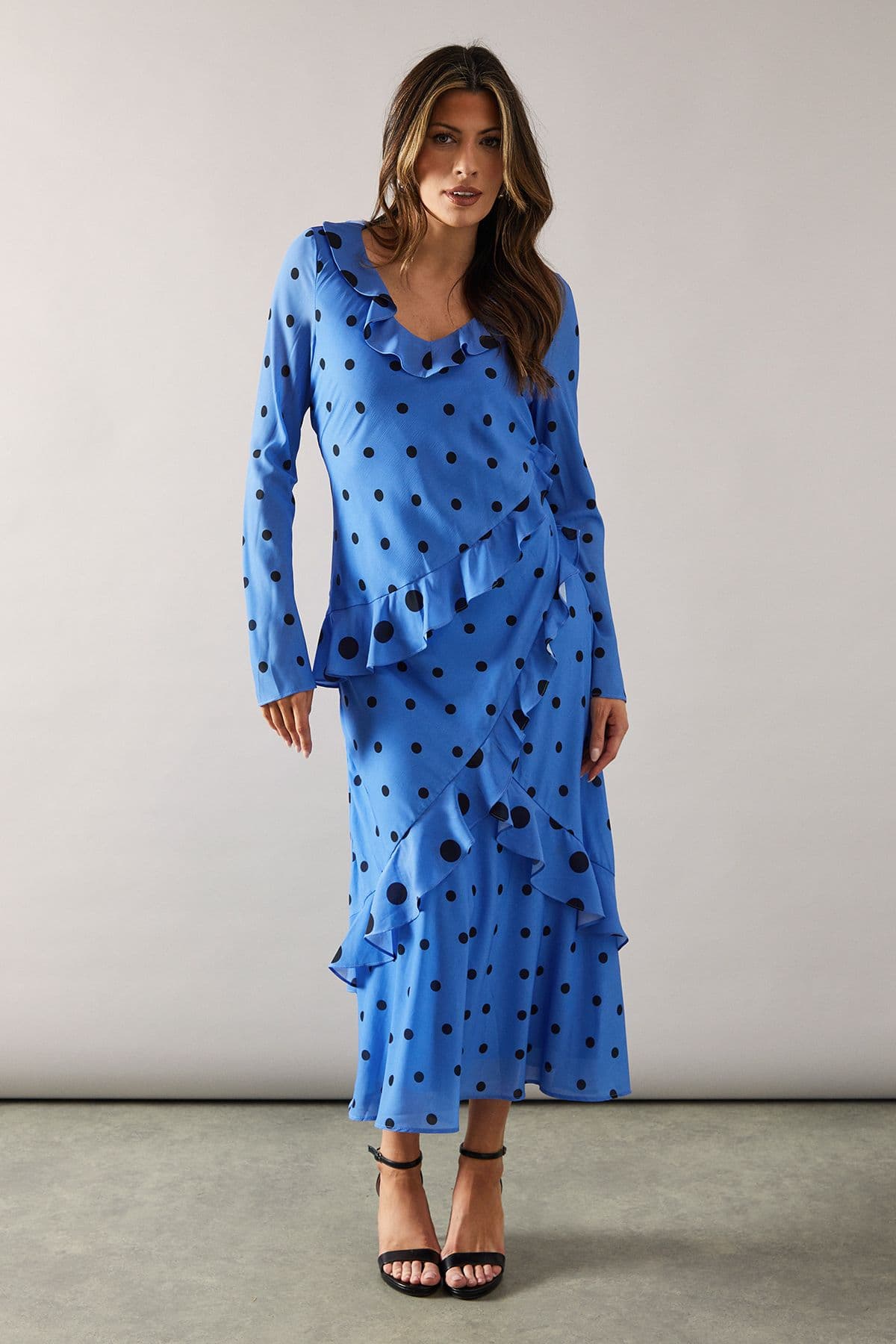 Spot Mix Ruffle Asymmetric Dress