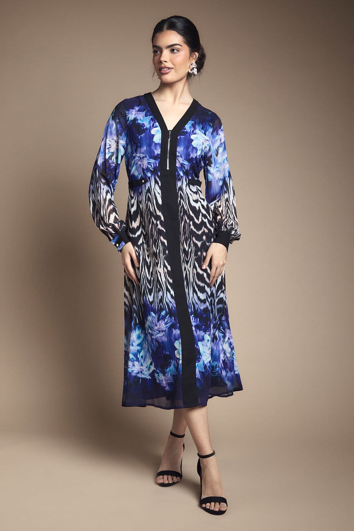 Zip Front Floral Border Chiffon Midi Dress