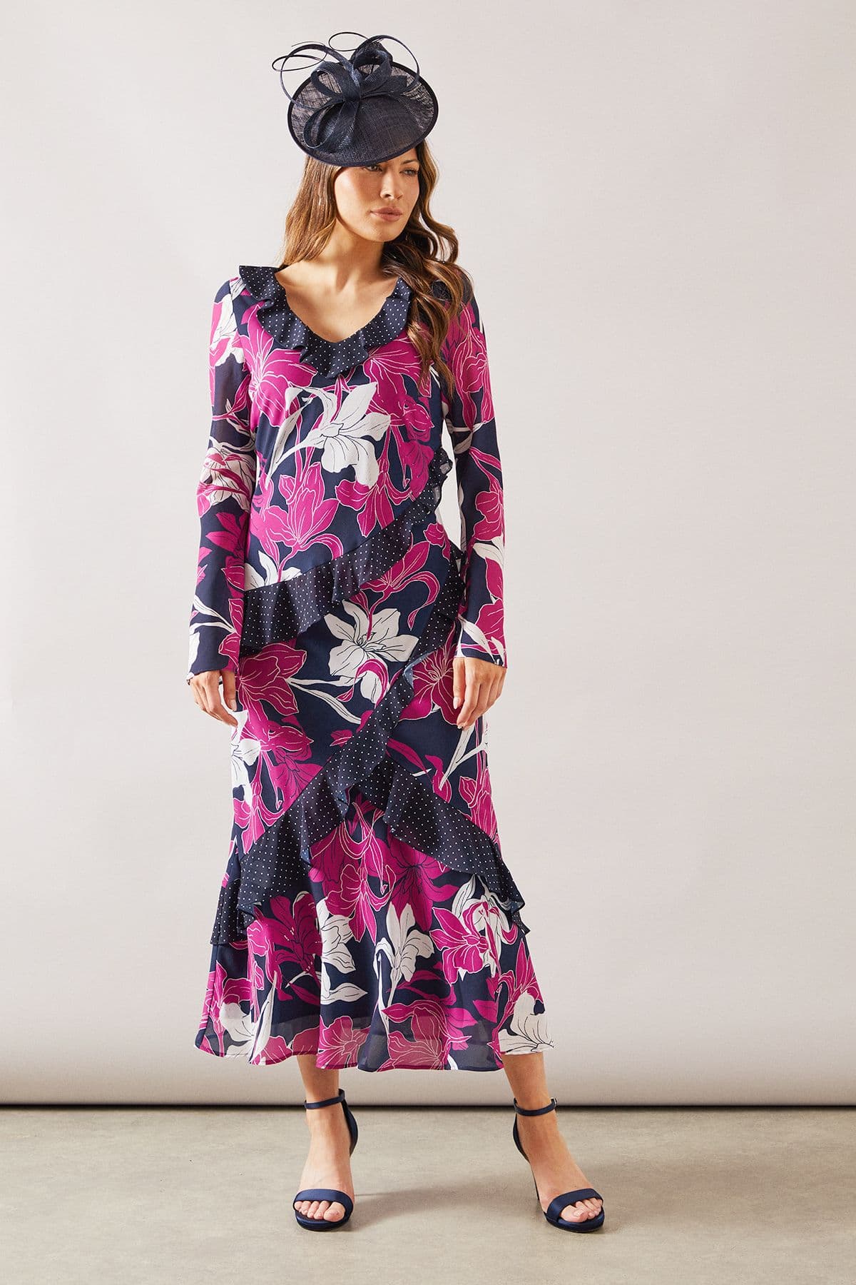Floral Mixed Print Ruffle Midi Dress
