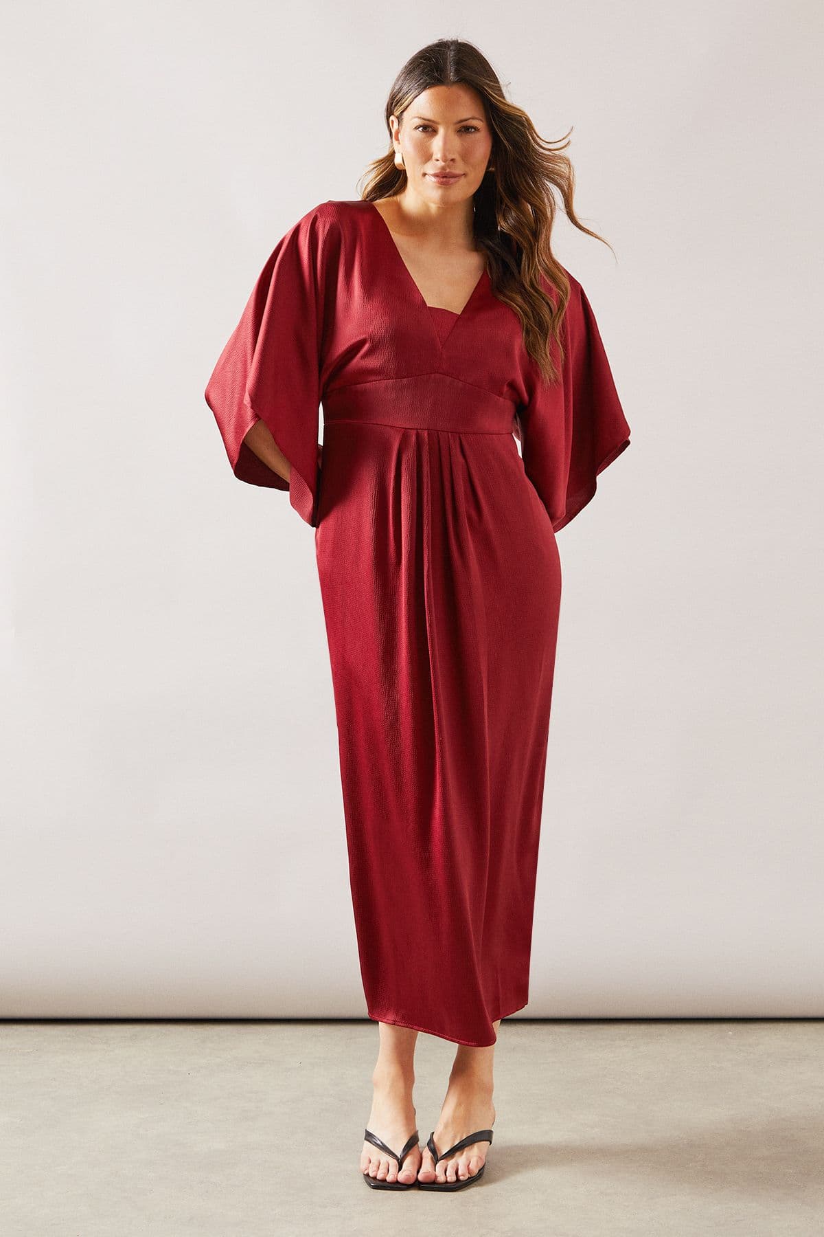 Satin Cape Sleeve Midi Dress
