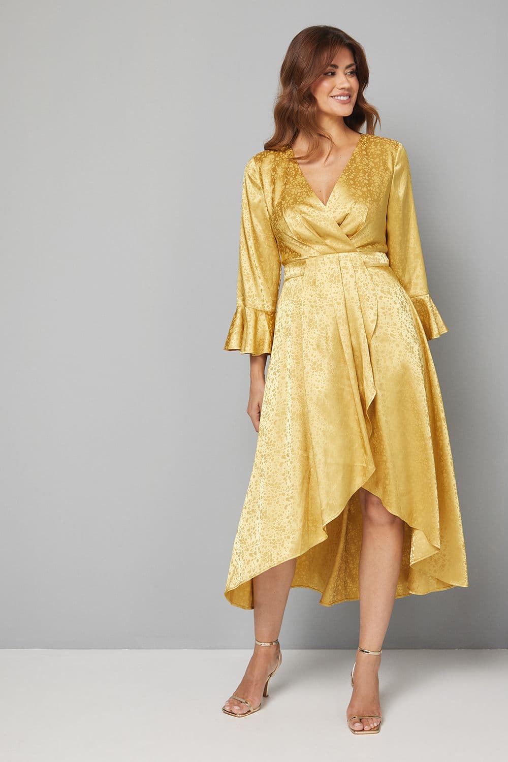 Satin Jacquard Wrap Ruffle Dress