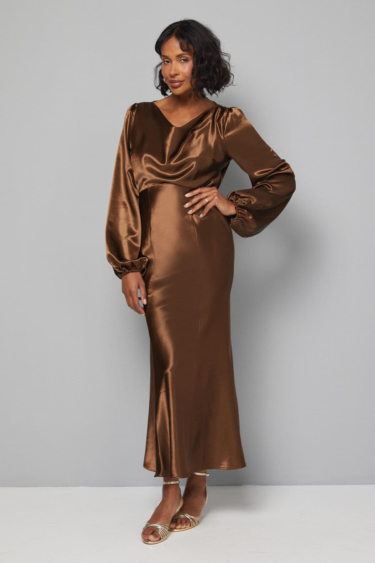 Satin Cowl Neck Midi Dress