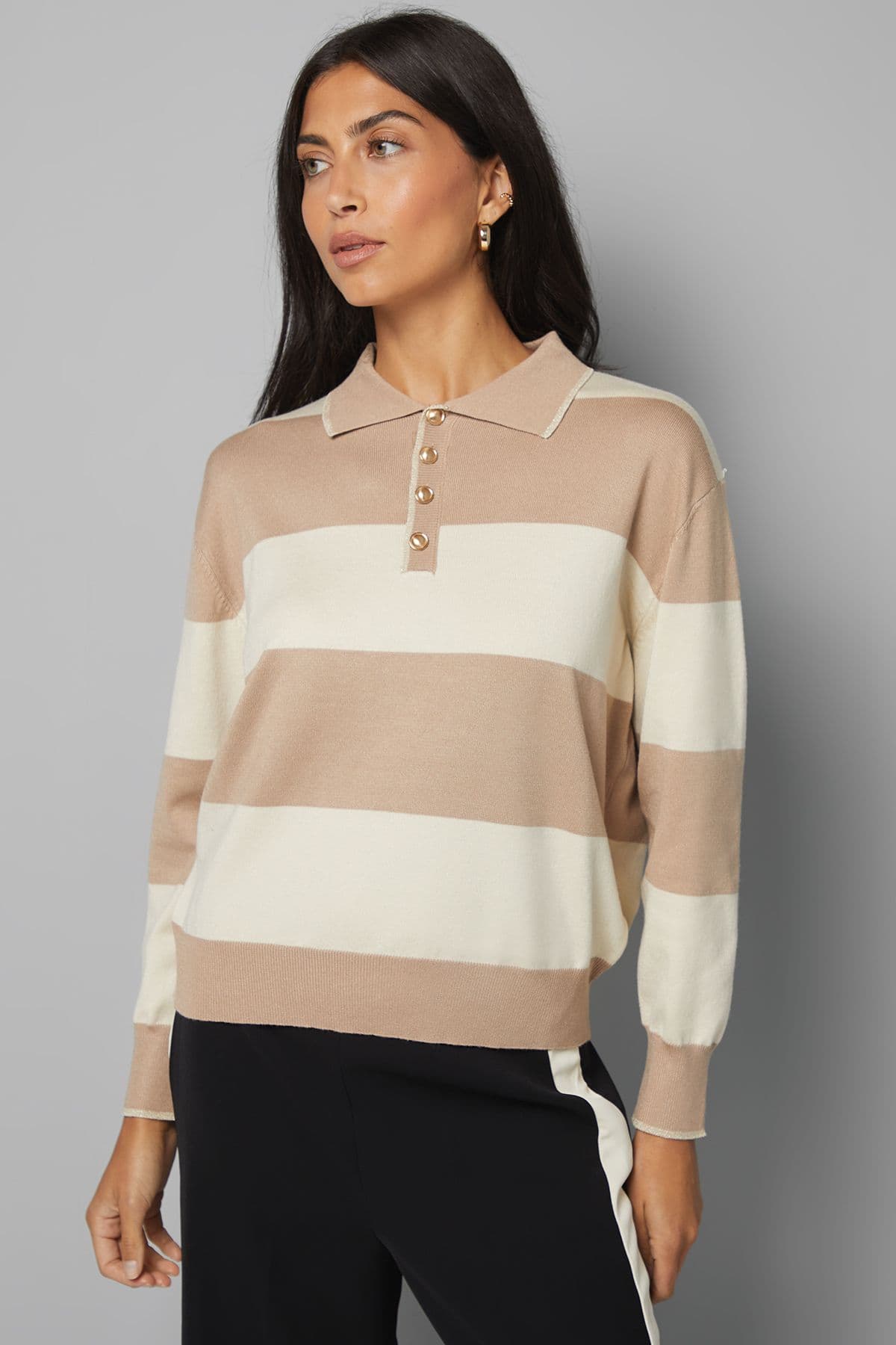 Wallis Women's Collared Polo Striped Jumper in Camel | Size: XL