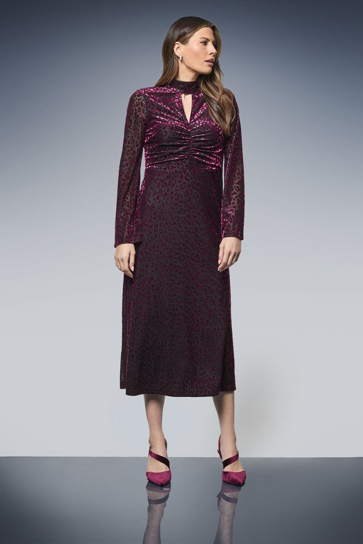 Jersey Devore High Neck Ruched Midi Dress