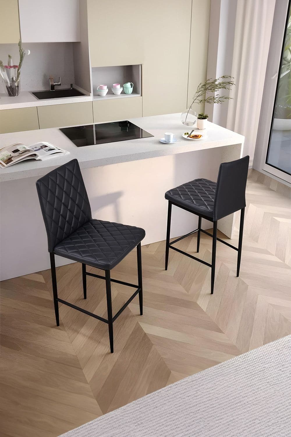 Living and Home 2PCS PU Leather Upholstered Bar Stools in Black