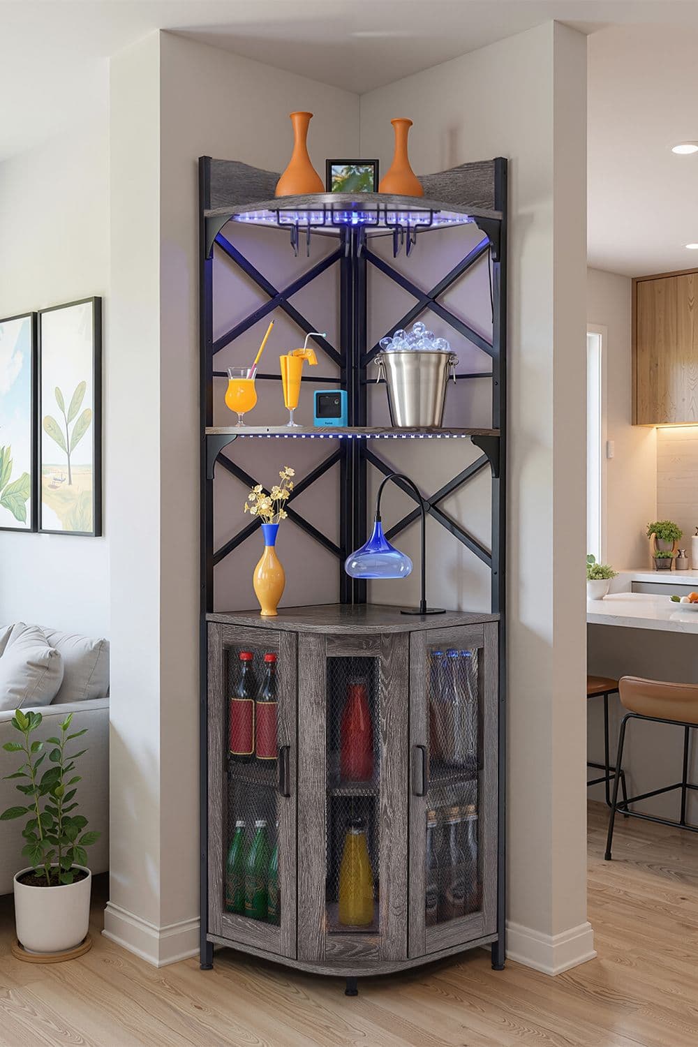 Living and Home 5-Tier Corner Bar Cabinet with Built-in Power Outlet and LED Lights in Grey