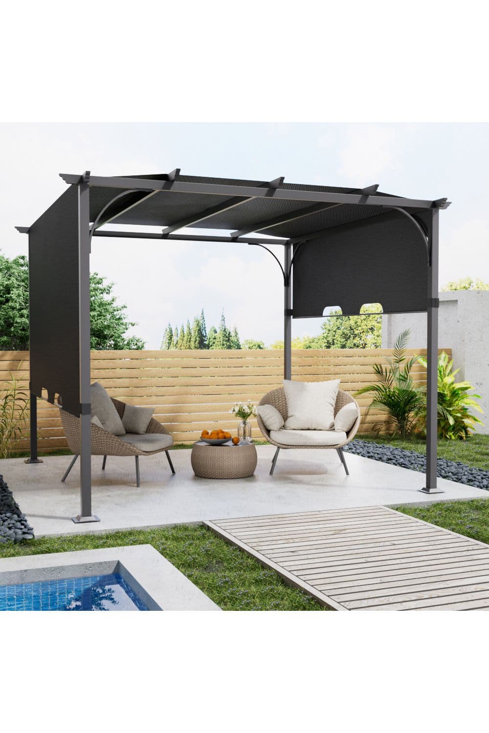 Living and Home 10 x 10/13FT Outdoor Pergola with Adjustable Canopy in Dark Grey | Size: Large