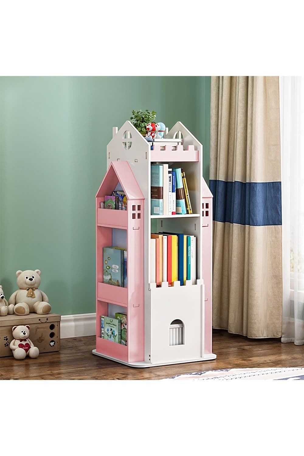 Living and Home 4-Tier Castle Rotating Bookshelf Storage Rack Organiser in Pink