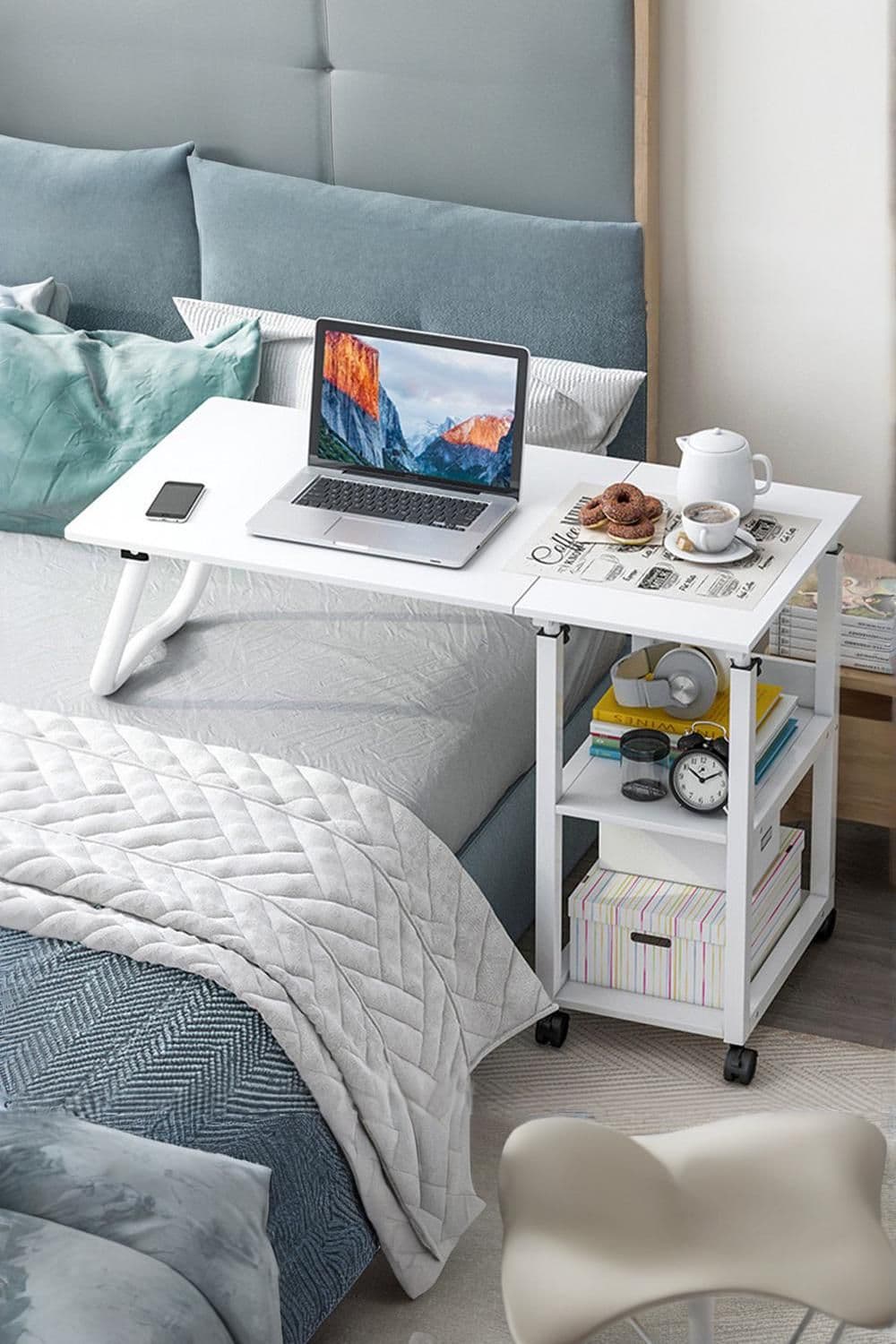 Living and Home Height Adjustable Mobile Table in White