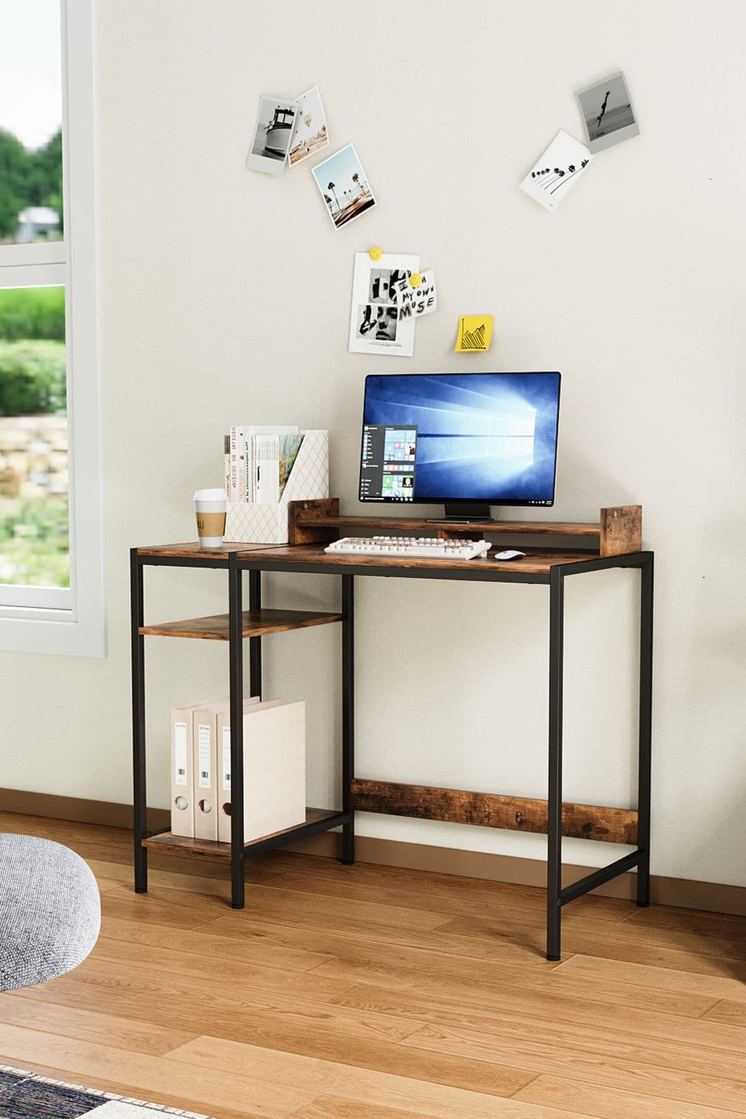 Living and Home Retro Office Desk with Monitor Stand & Storage Shelves, 100 x 46 x 84 cm in Brown
