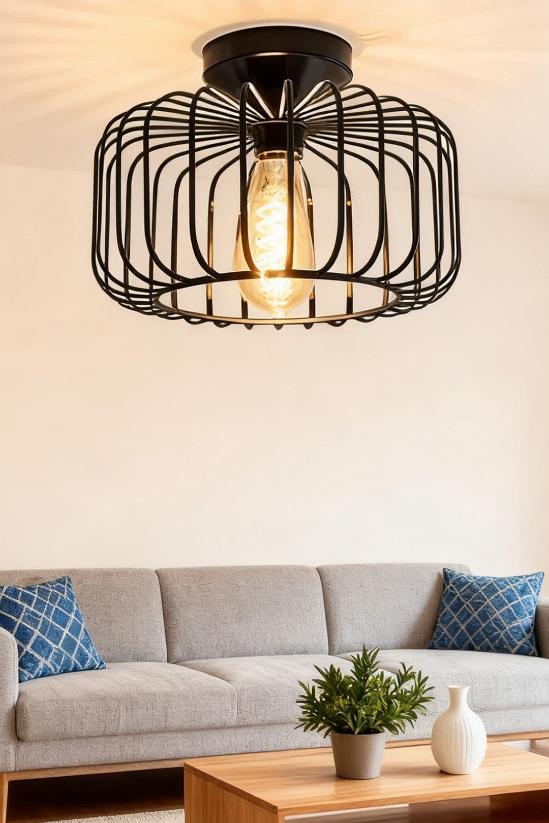 Living and Home Industrial Black Metal Cage Ceiling Light