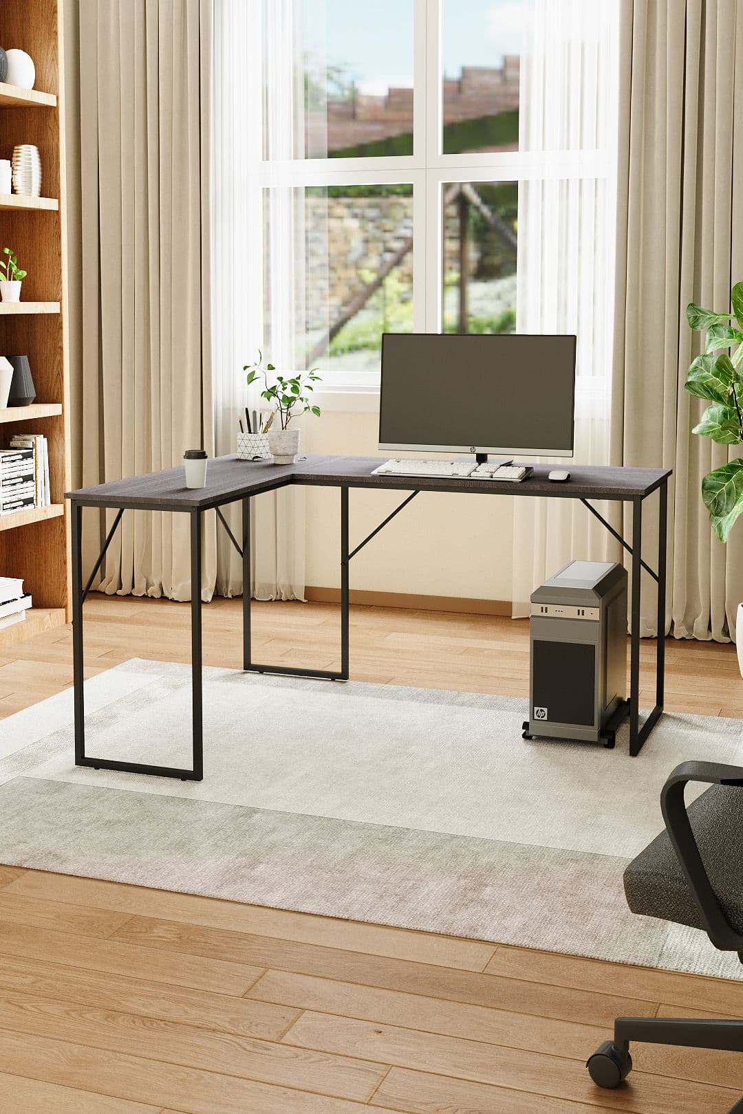 Living and Home 143 x 110 x 75 cm L-Shaped Workstation Desk with Monitor Stand in Grey