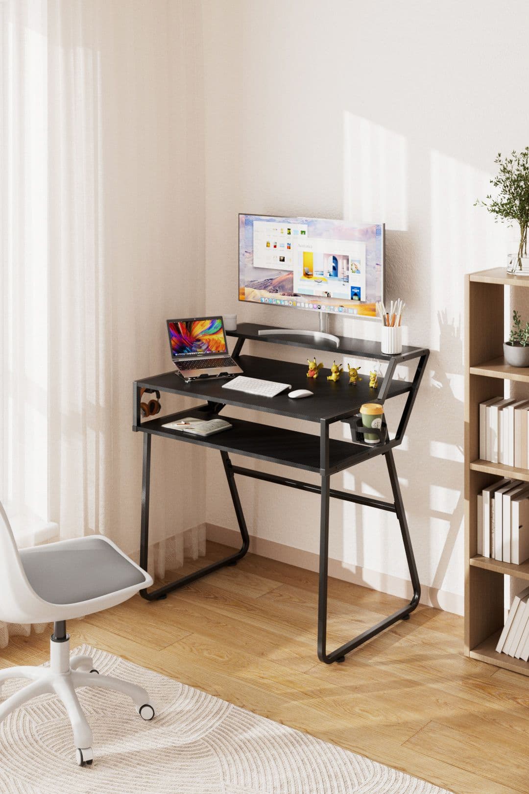 Living and Home Office & Gaming Desk with Cup Holder and Headphone Hook in Black