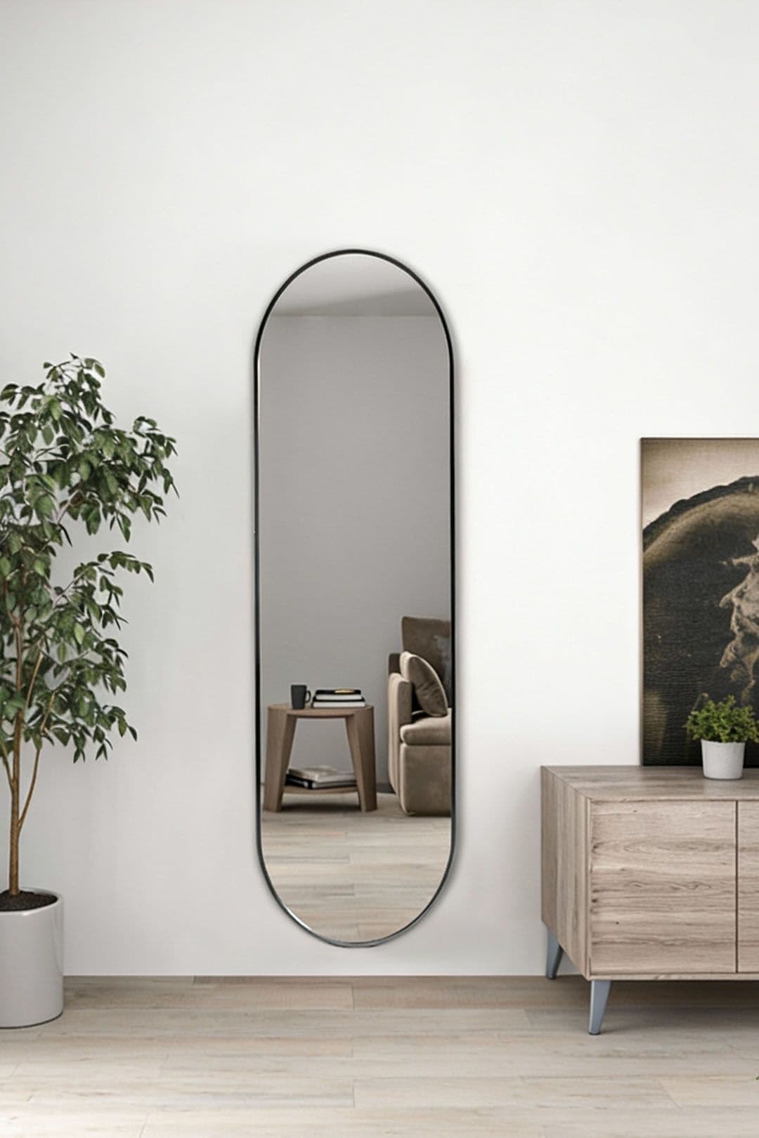 Living and Home 40cm W x 150cm H Black Oval Wall Mounted Full Length Mirror for Home, Bedroom, Bathroom | Size: 40 cm W x 150 cm H