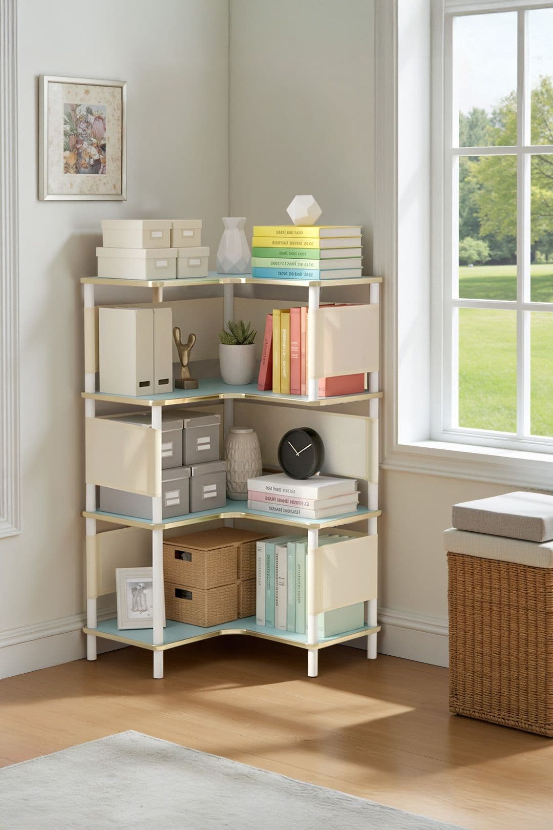 Living and Home 4/5/6 Tier L-shaped Corner Bookshelf Storage Rack Organiser in Gold | Size: Small