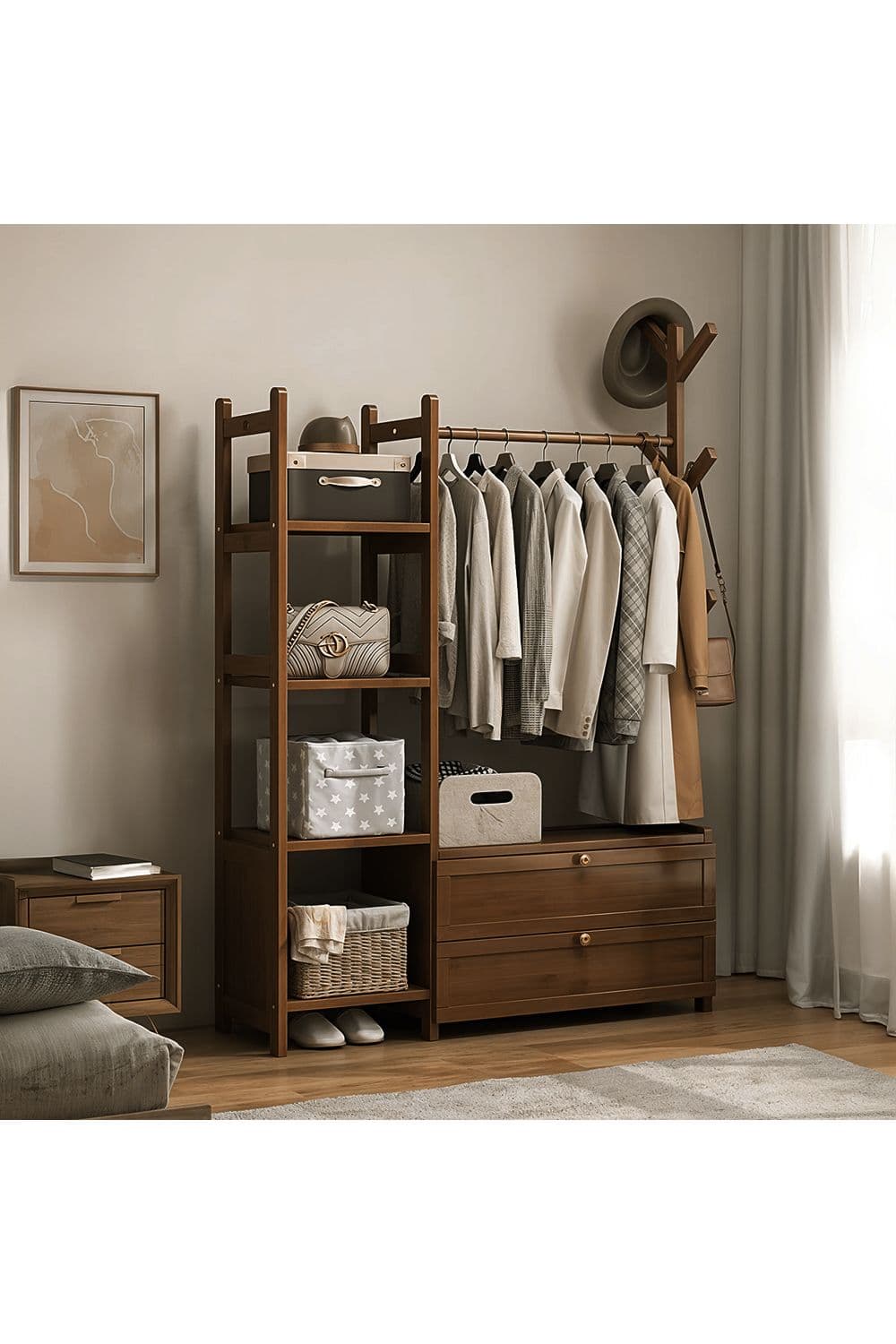 Living and Home Freestanding Bamboo Clothes Rack Garment Rack with Storage Shelves Coat Hanger in Brown | Size: Large