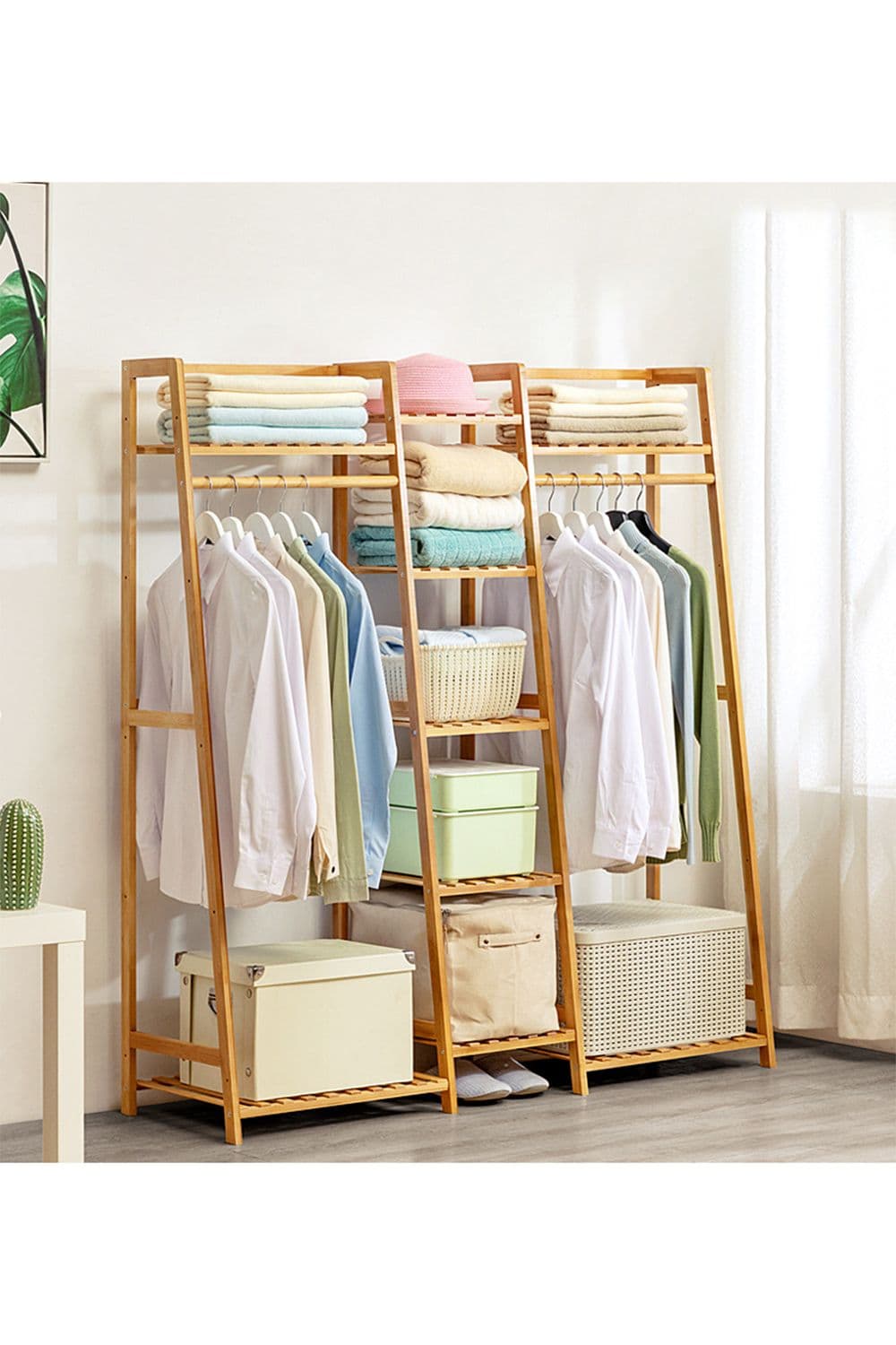 Living and Home Multi-Functional Clothes Hanging Rack Coat Garment Rack 7 Tier Storage Shelf in Natural
