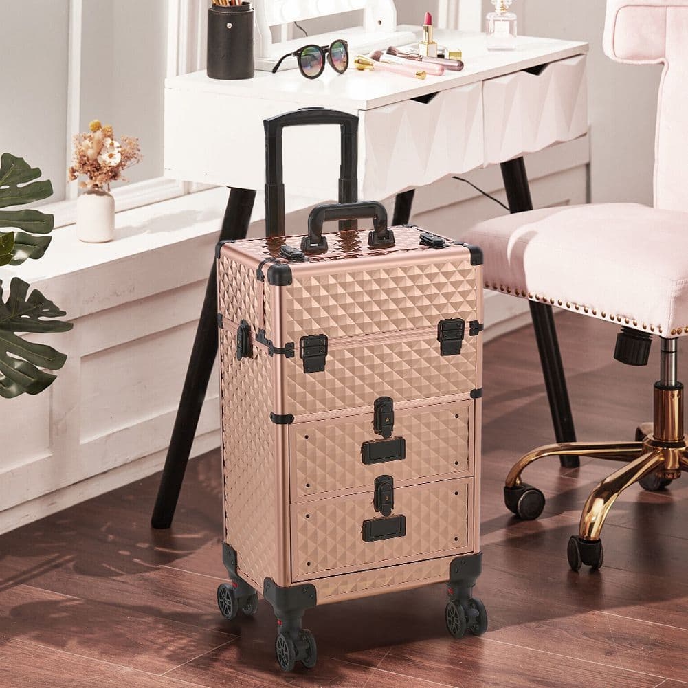 Living and Home 3 in 1 Rolling Cosmetic Train Case Trolley Case for Hairdressing Beauty in Rose Gold