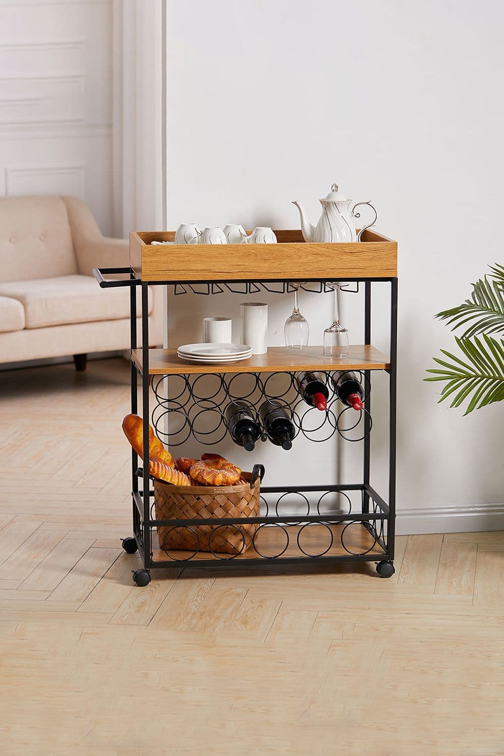 81×40×94cm Metallic Rolling Serving Bar Cart with Wine Rack and Glass Cup Holder