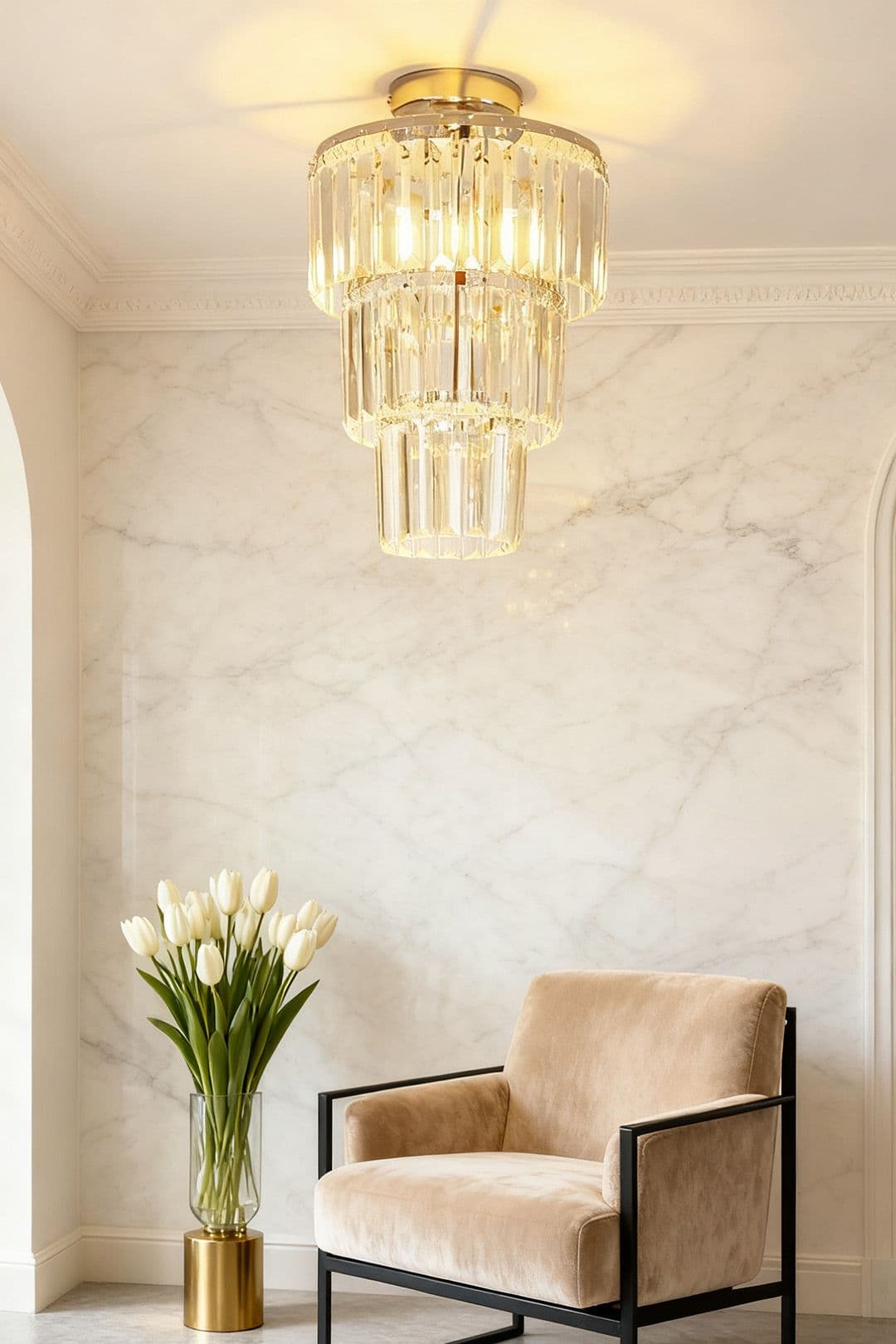 Living and Home Luxury Multi-layer Crystal Flush Mount Chandelier with Chrome Finish in Silver