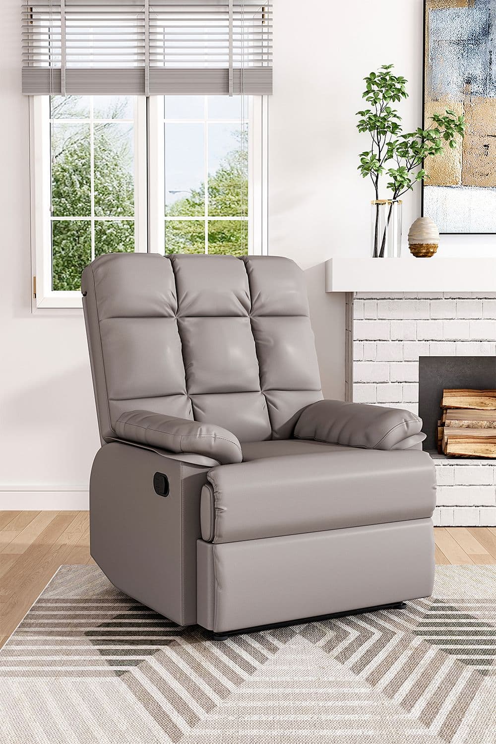 Khaki Checkered Faux Leather Upholstered Recliner Armchair