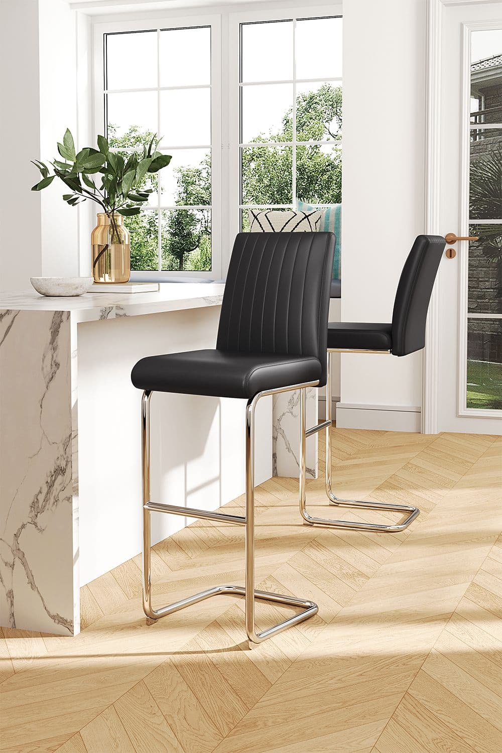 2 Pcs Black PU Leather Upholstered Bar Stools with Backrest & Footrest