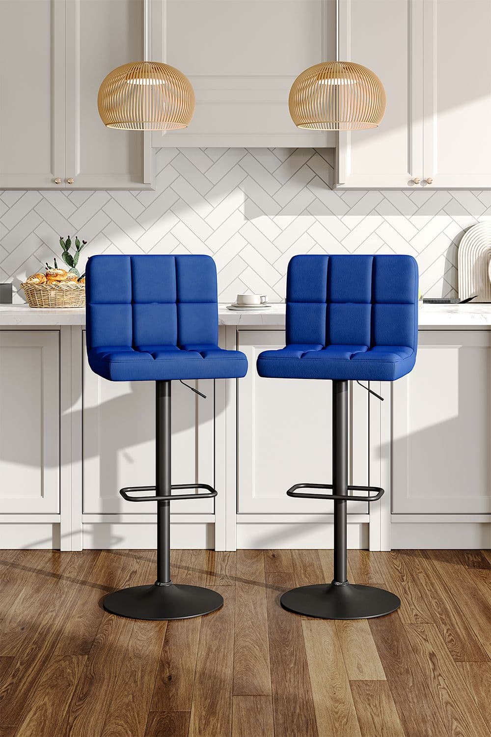 2 Pcs Blue Velvet Grid Upholstery Bar Stools with Low Backrest