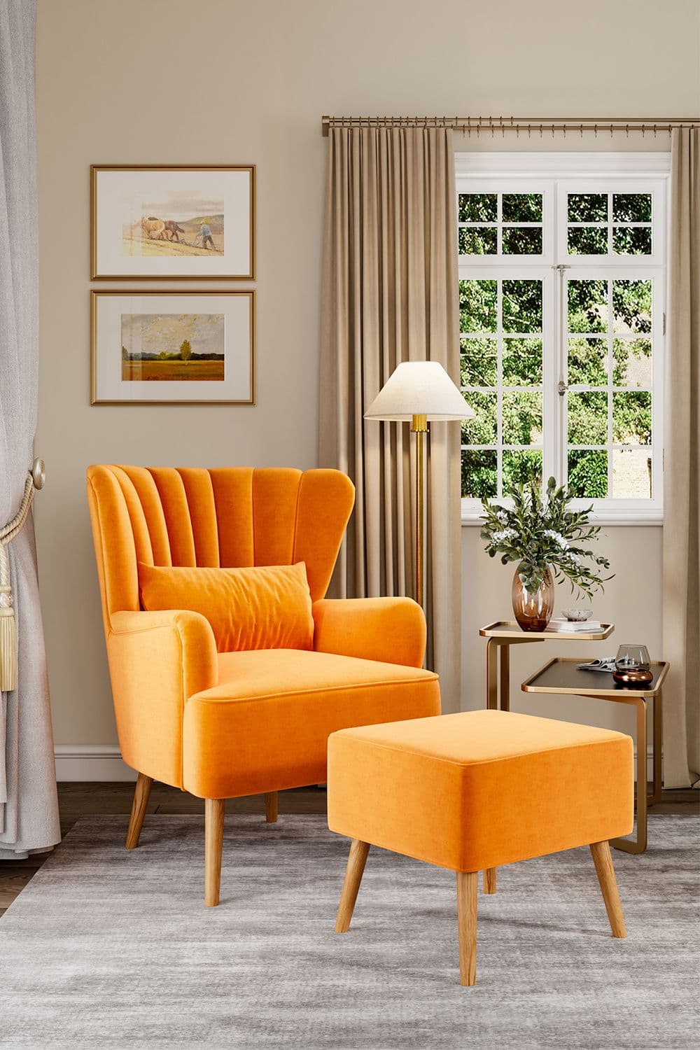Orange Matte Velvet Striped Curved Wing Back Armchair with Cushion and Footstool