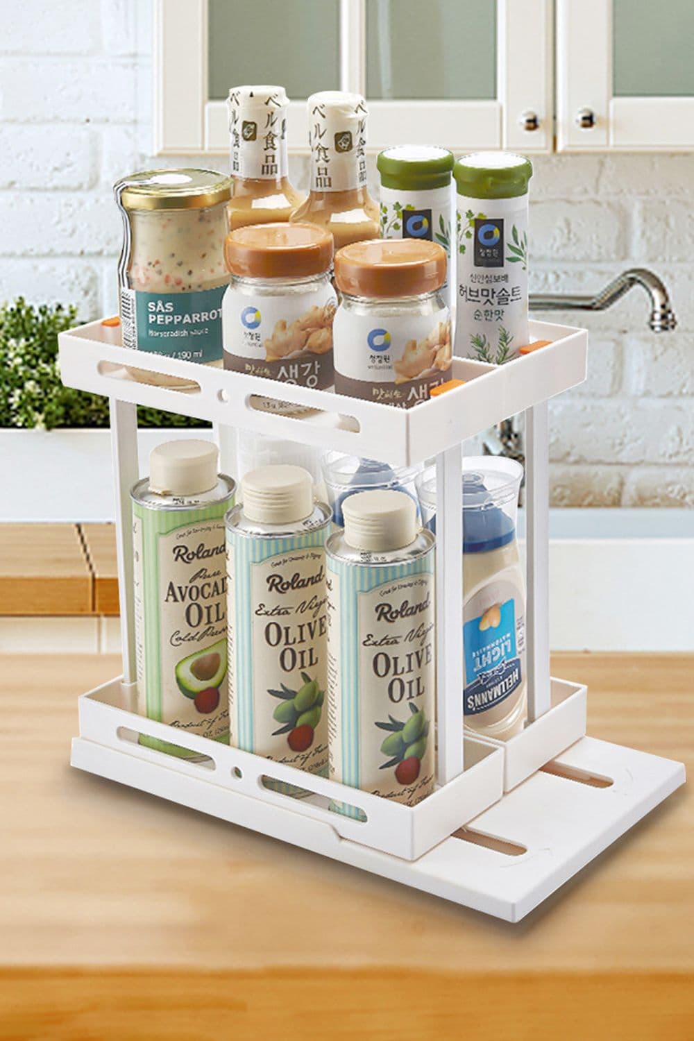 2-Tier&2-Row Rotating Pull-out Spice Rack Storage Shelf for Kitchen 29.5*16*29.5cm