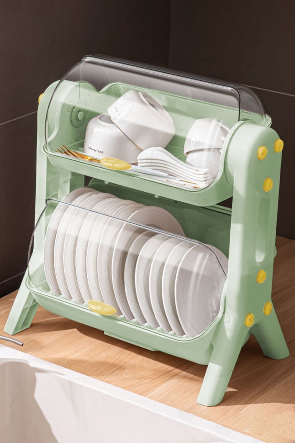 2-Tier Dish Drainer Rack Kitchen Bowl Chopsticks Plates Plastic Storage Box with Lid Green