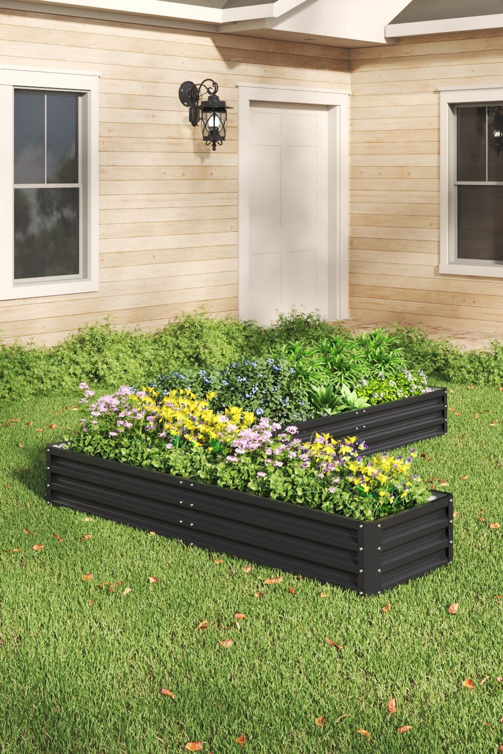 L-Shaped Galvanized Steel Raised Garden Bed Charcoal Black