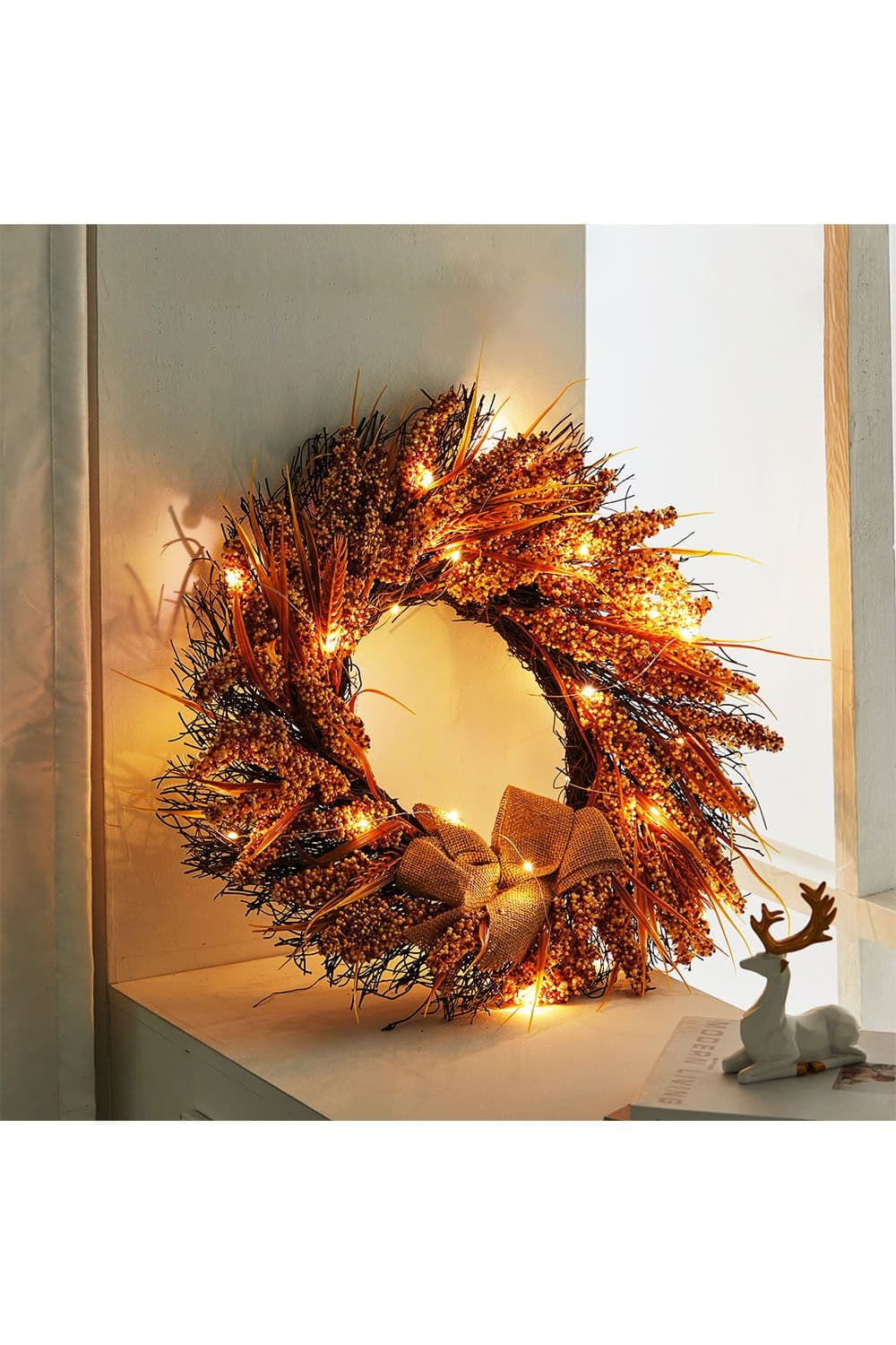 Dia 50CM Golden Wheat Ears Thanksgiving Wreath with LED Lights