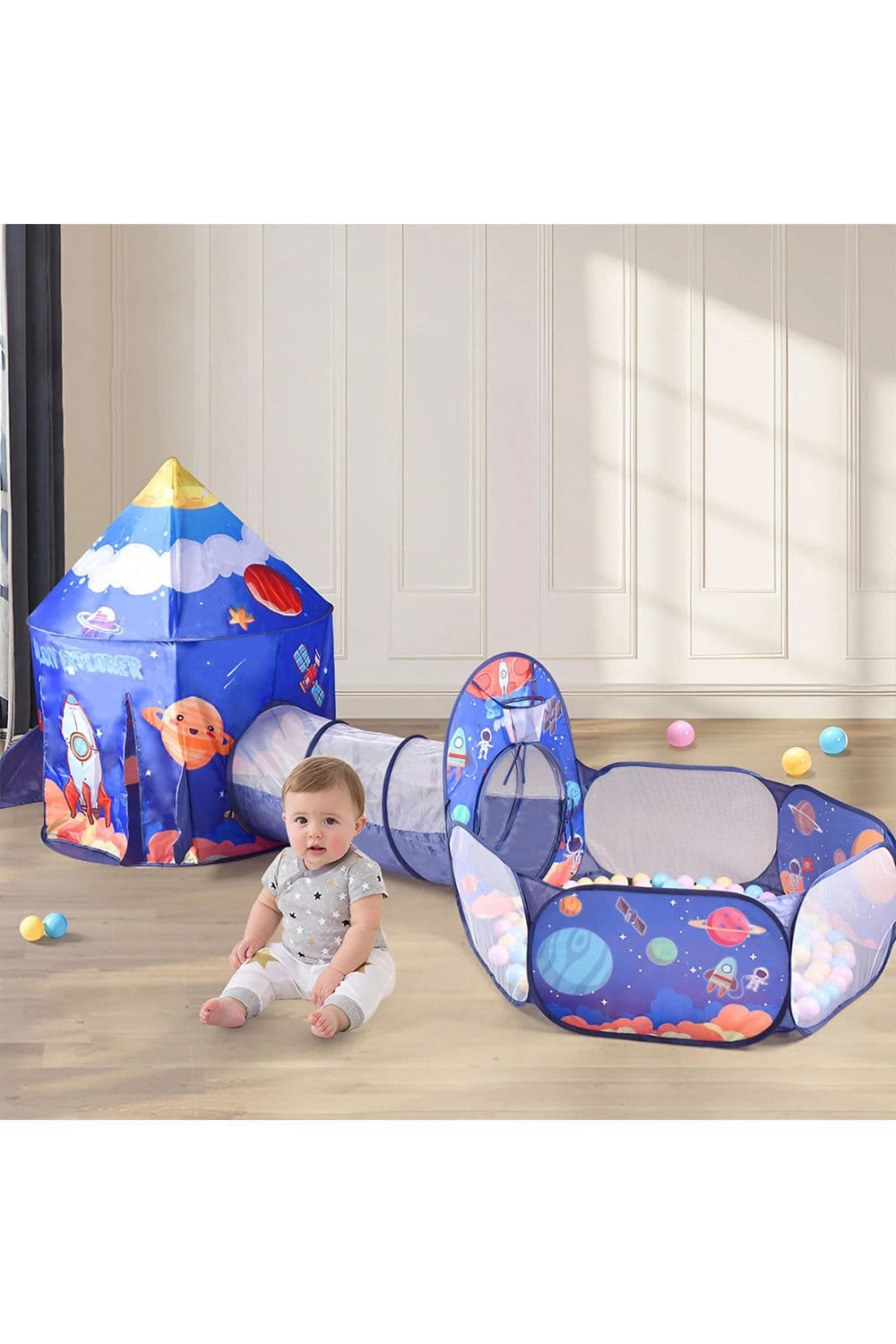 Living and Home Aerospace Theme Play Tent with Play Tunnel, Ball Pit in Blue