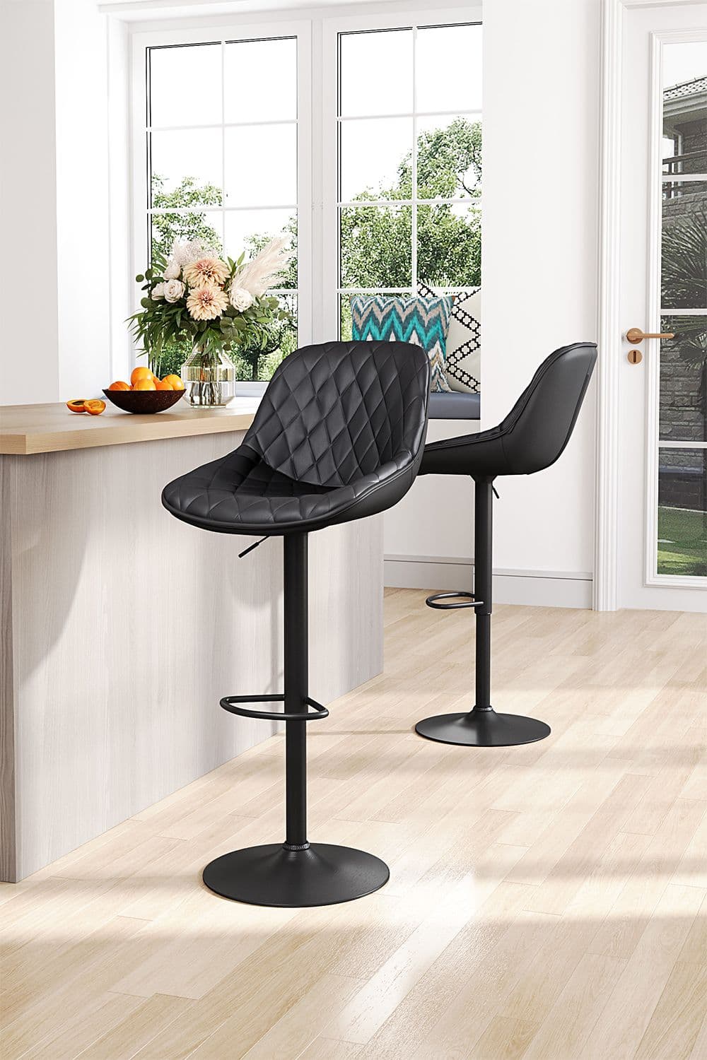 2 Pcs Height Adjustable Bar Stool Faux Leather Diamond Lattice with Footrest