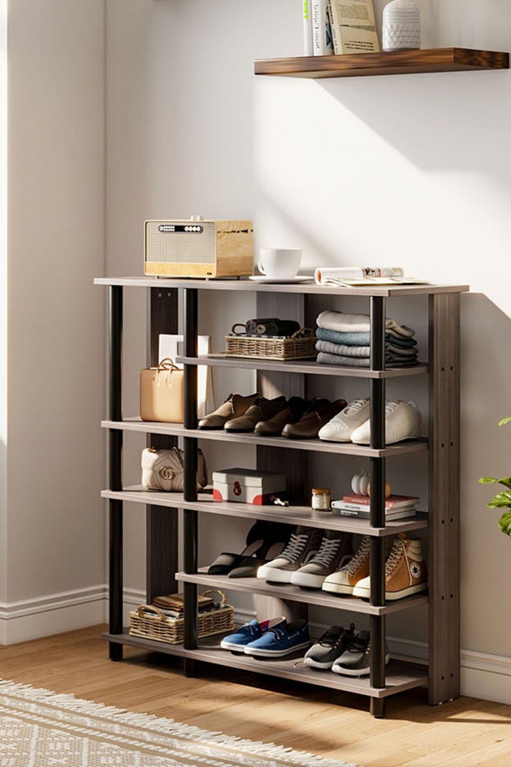 6-Tier Compact Multipurpose Shelf Display Rack Wooden Shoe Rack