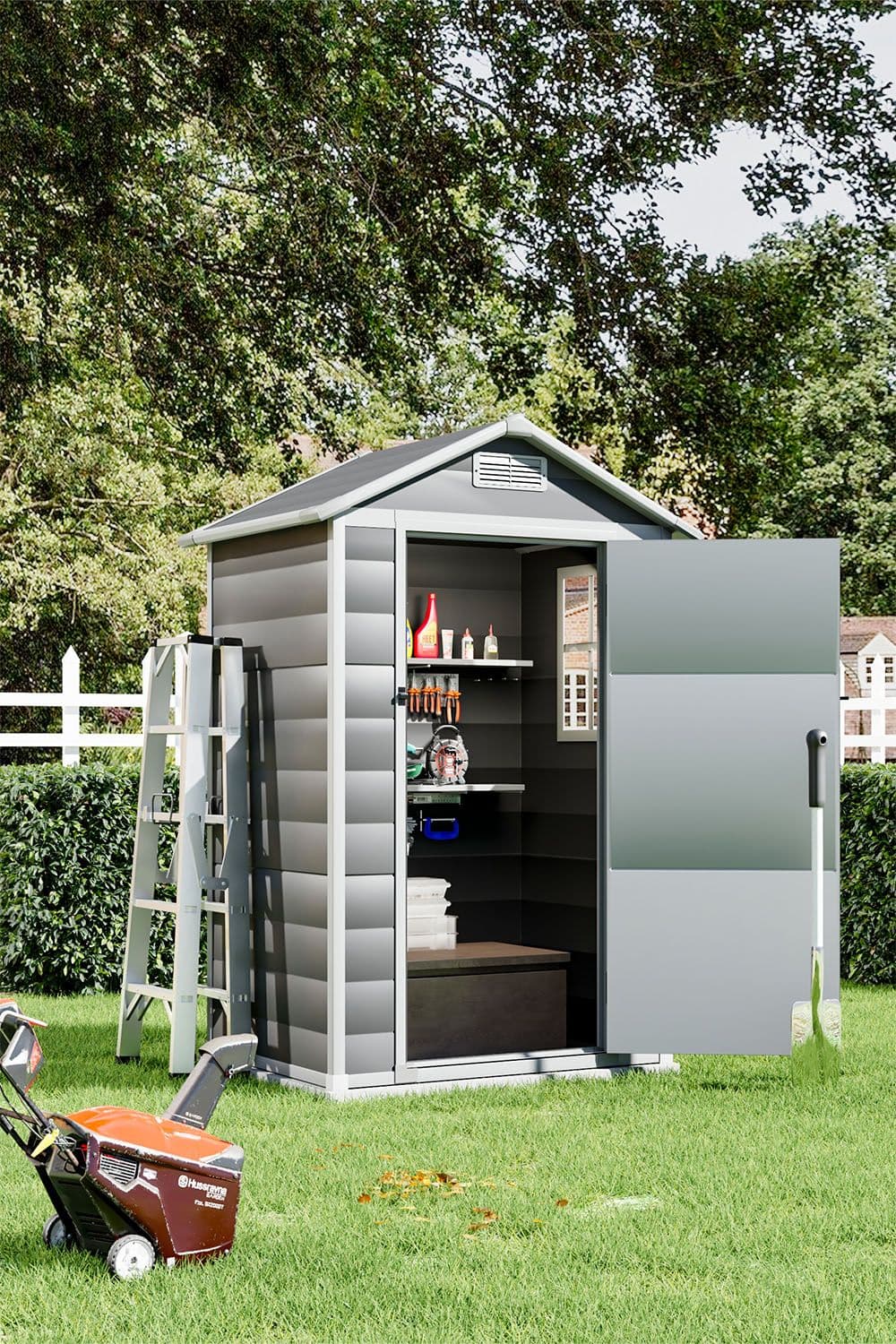 Living and Home 4 x 3 ft Grey Plastic Shed Garden Storage Shed Apex Roof with Hinged Door and Windows