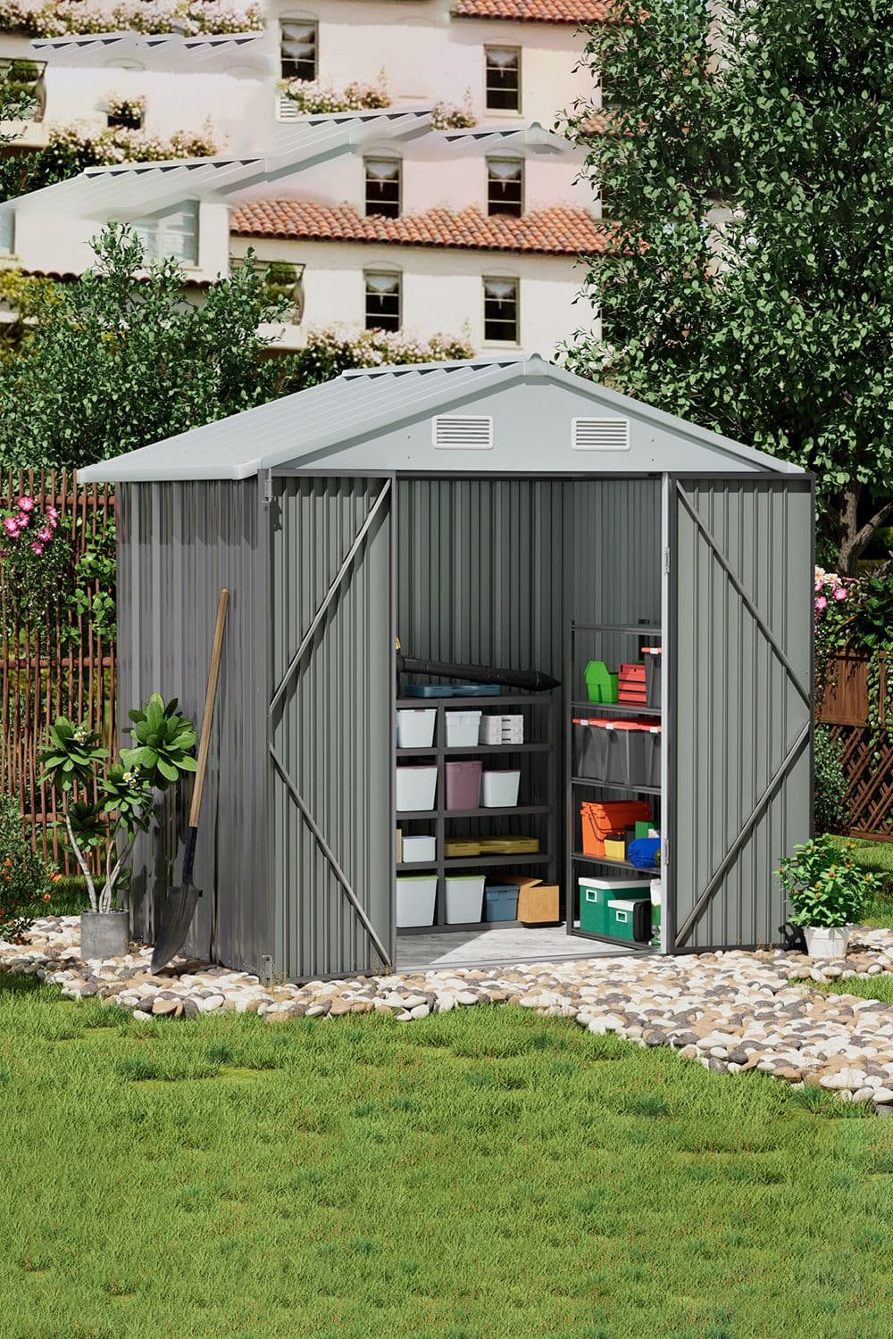 6×8 ft Outdoor Metal Storage Shed with Lockable Door