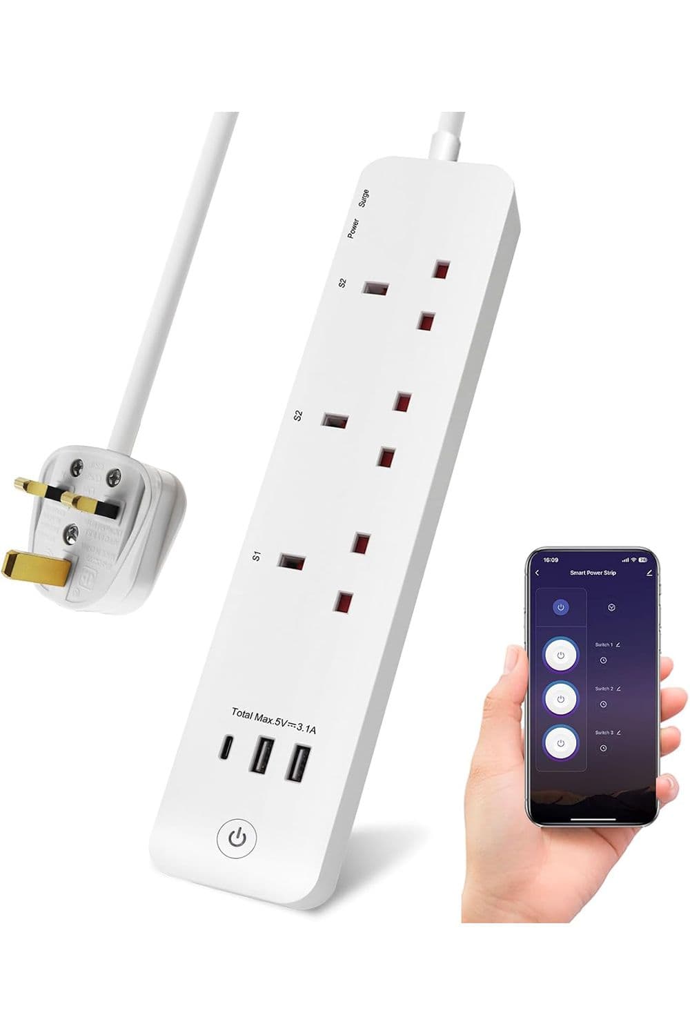 3 Outlet Adapter with 1.4m Cable, 2 USB-A and 1 USB-C