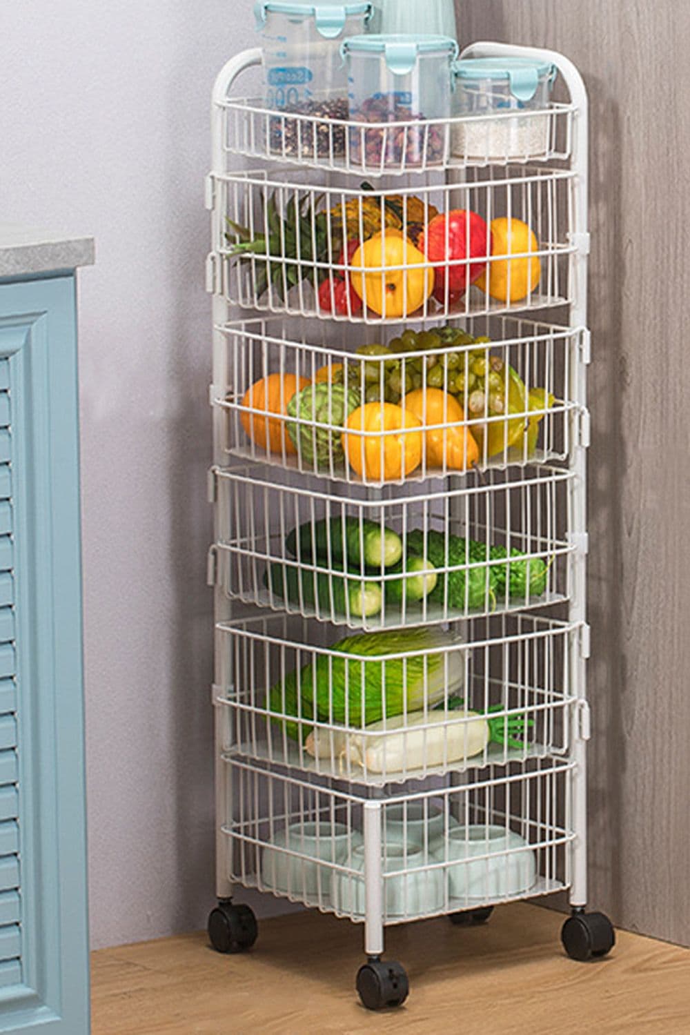 6-Tier Iron Wire Rotating Trolley Cart Scalable Spice Rack Vegetable Fruit Storage Basket for Kitchen