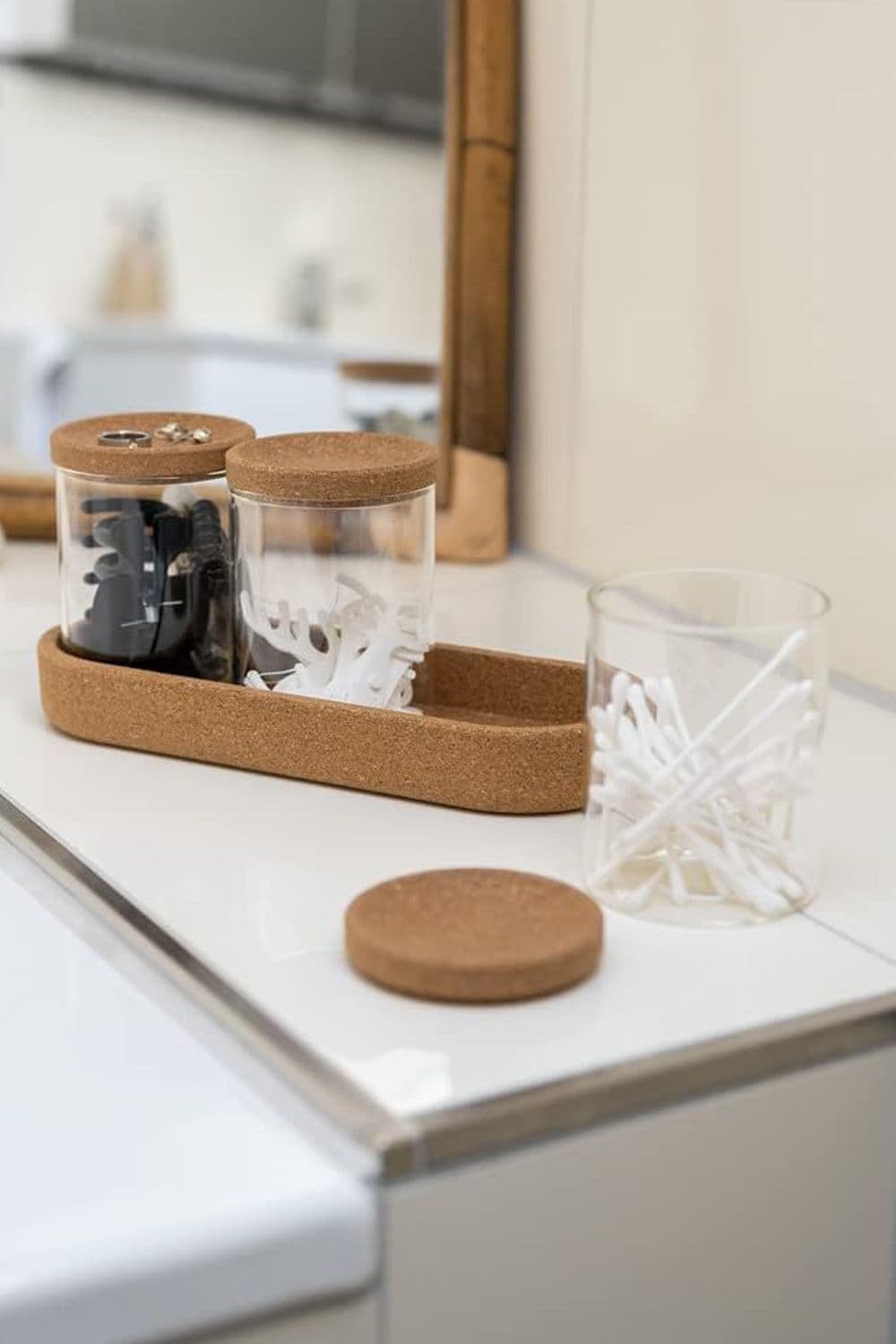 3Pcs Glass Storage Jar Cork Canister Dispenser Cotton Bud Floss Container Organiser Set with Lids & Tray