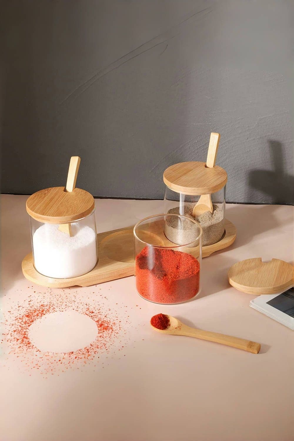 3Pcs Glass Spice Jars Seasoning Box Set with Bamboo Spoons & Base for Kitchen