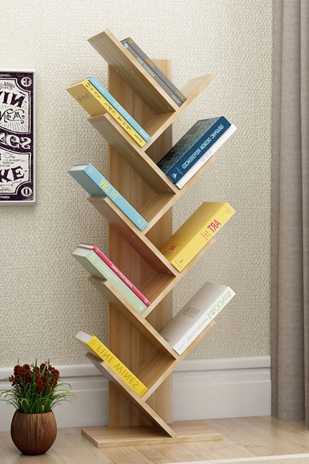 9-Tier Rustic Standing Tree Bookshelf Wood Display Rack