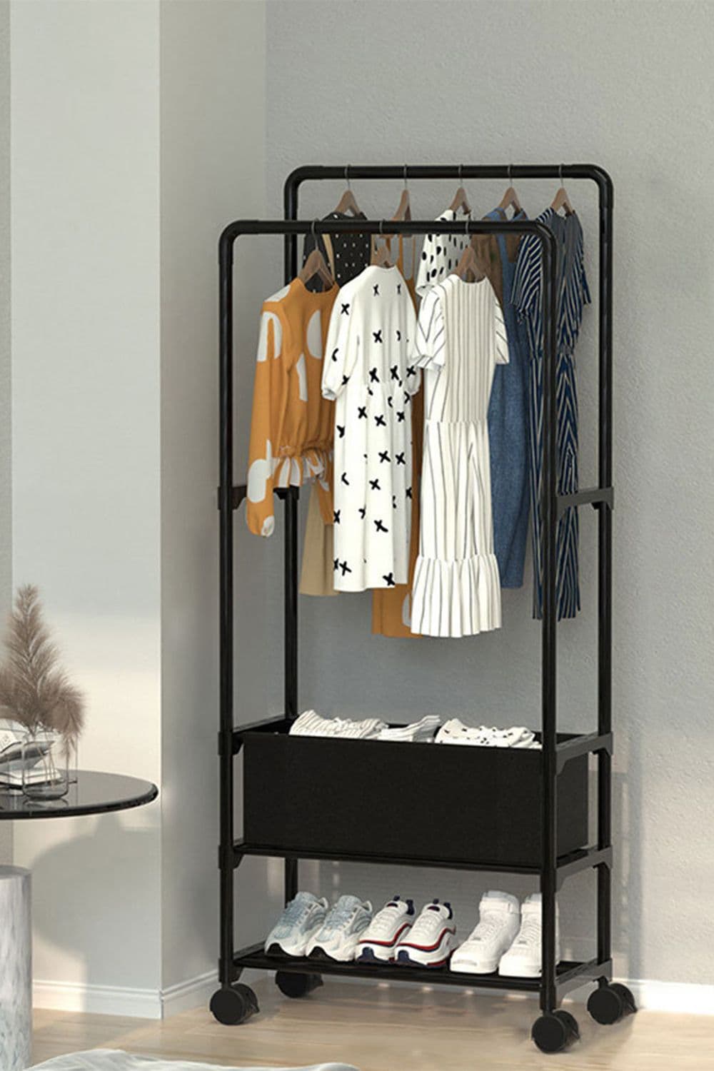 Double Rod Metal Clothes Rack on Wheels