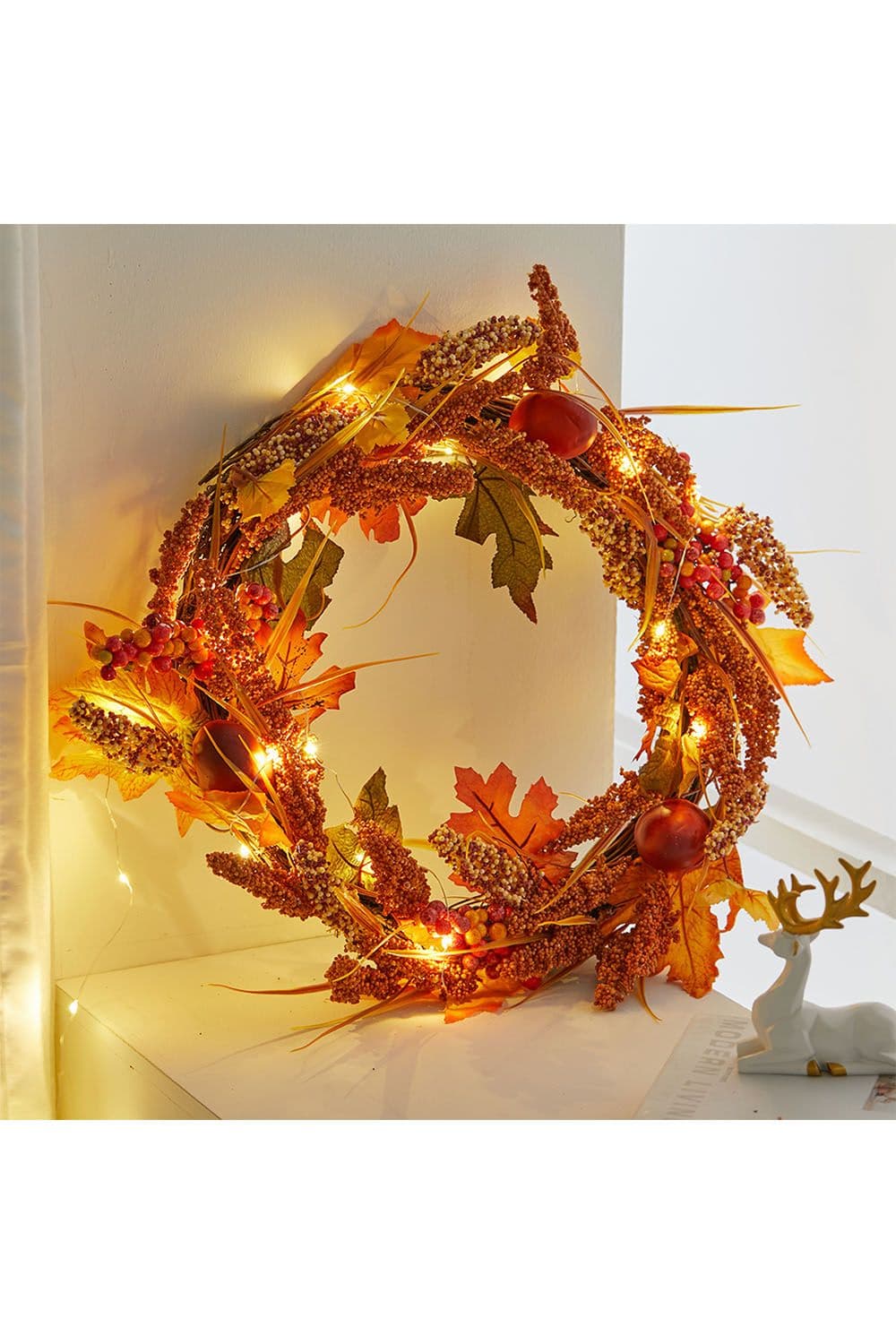 Artificial Maple Leaf Acorn Harvest Wreath with LED Lights
