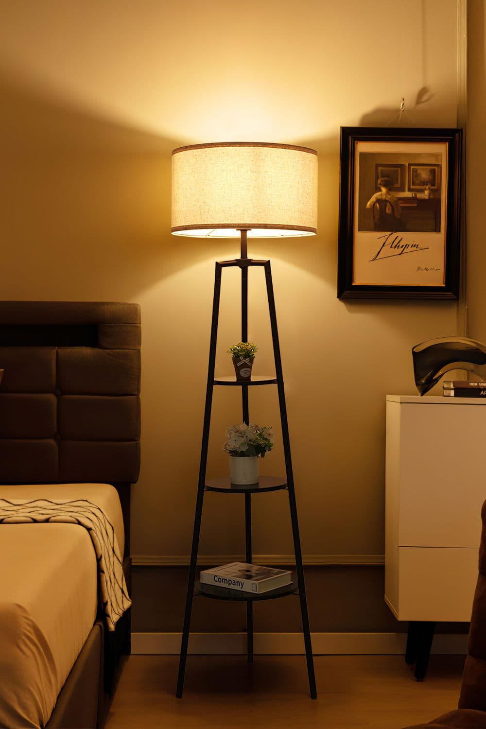 3 Tier Round Shelf Floor Lamp with Fabric Lampshade